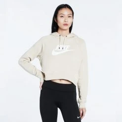 Nike Sportswear Essential Cropped Γυναικεία Μπλούζα με Κουκούλα RATTAN/WHITE