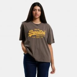 Γυναικεία Superdry D1 Vintage Logo Box Fit Γυναικείο T-Shirt DARK KHAKI